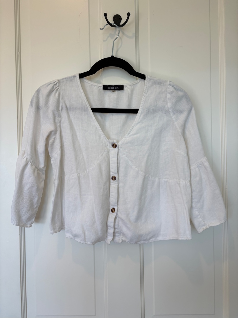 Sugarlips White V-Neck Button-Front Peasant Top